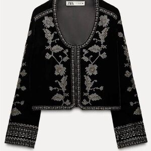 ZARA Black Cropped Jacket with Silver Beaded Floral Embellishment